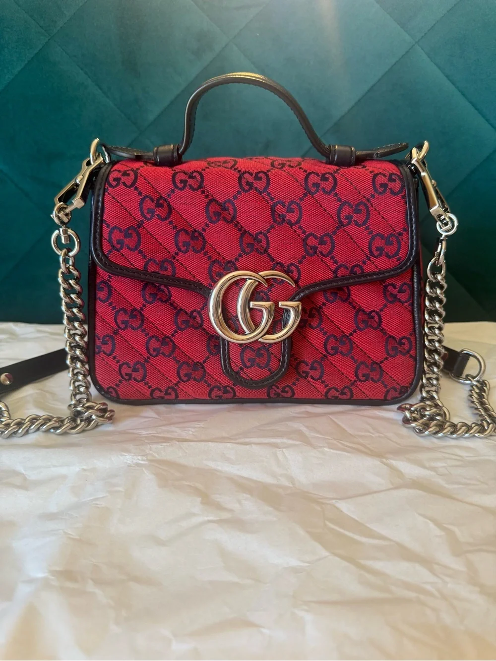 Gucci Red GG Marmont Top Handle Satchel with Black Trim